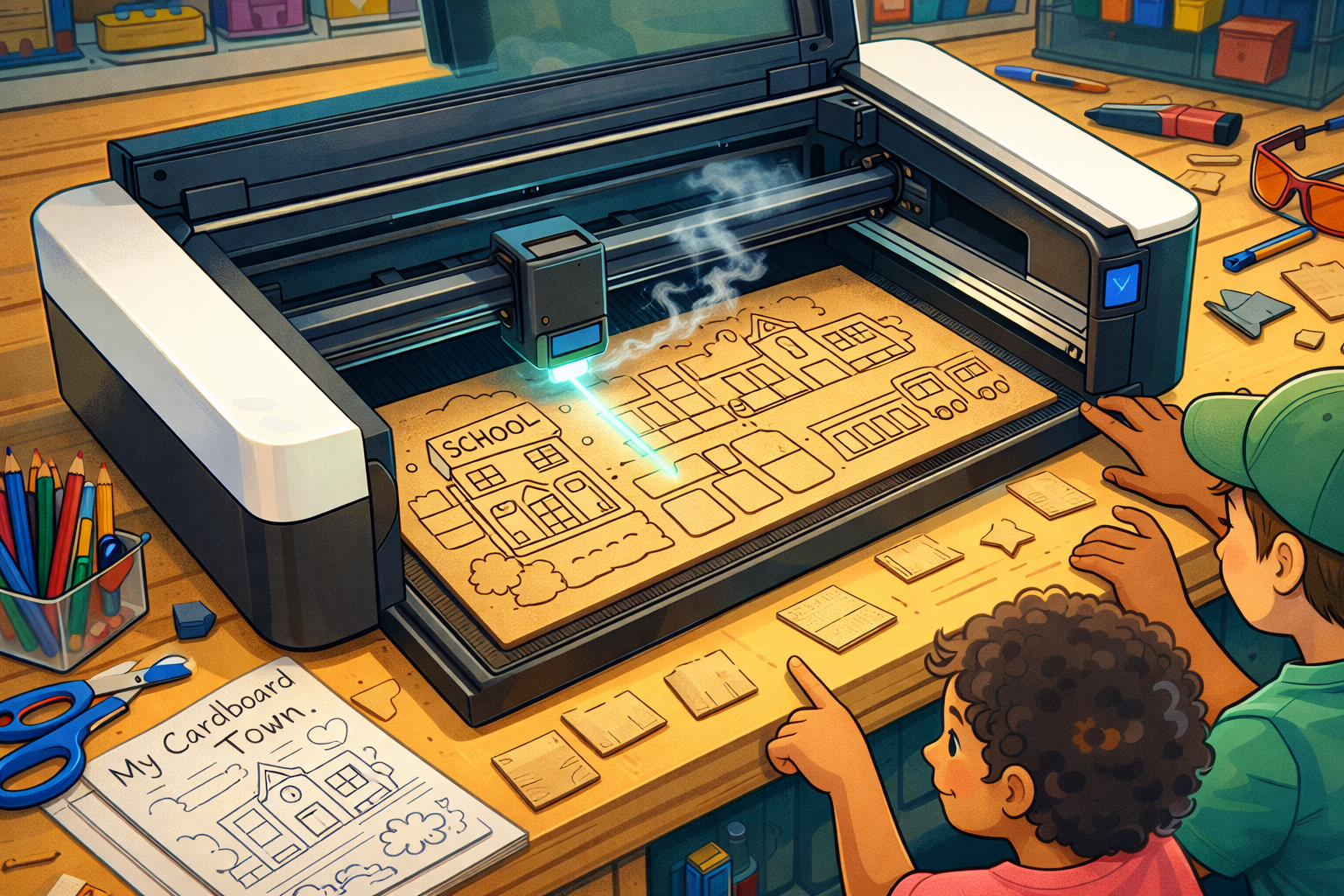Children using a laser cutter in a makerspace, creating a cardboard town project